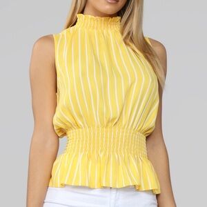NWT Women’s Sleeveless Blouse - Blashe Yellow White Striped Mock Neck Size L